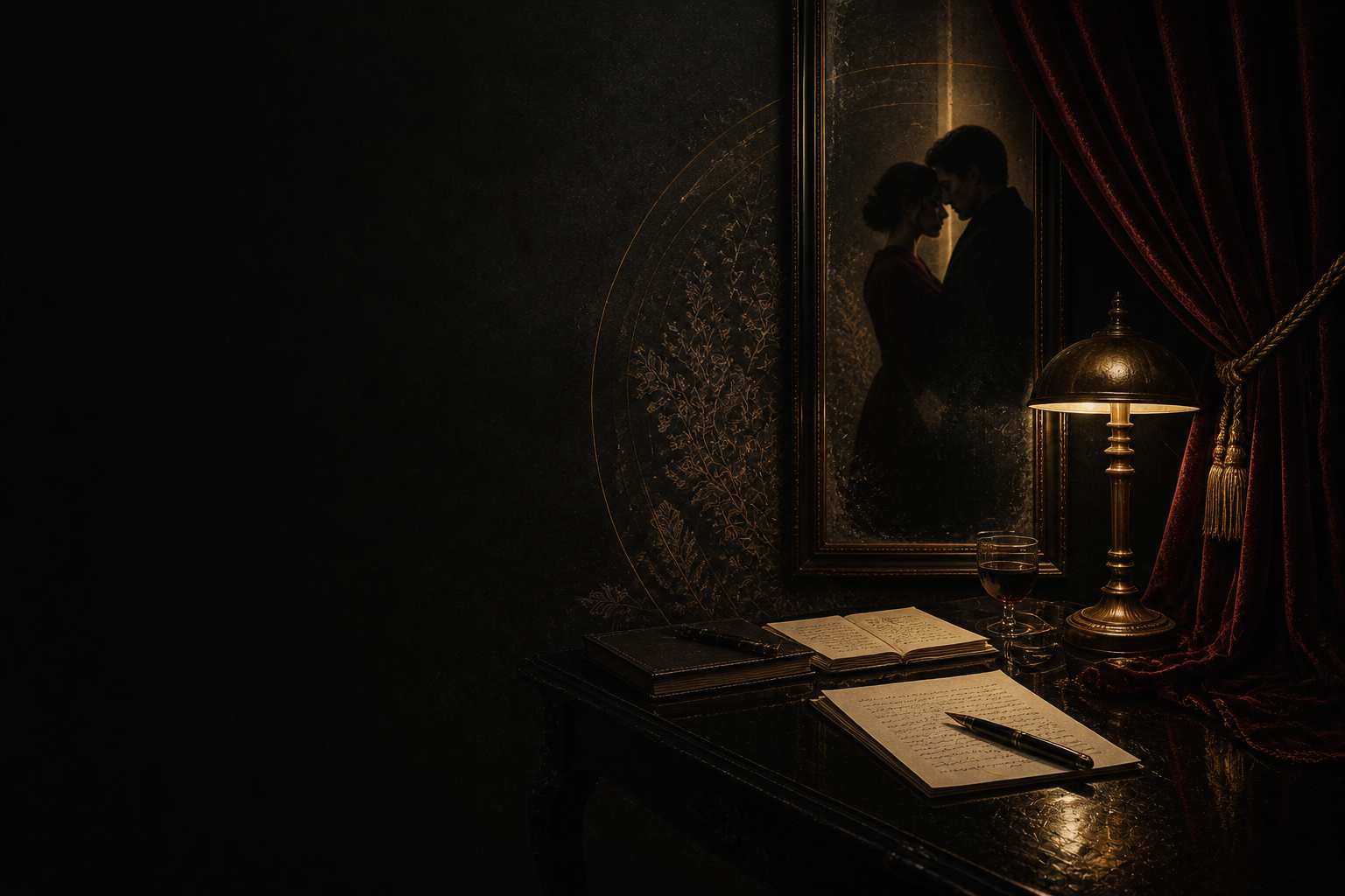 A low-lit, atmospheric reading room.